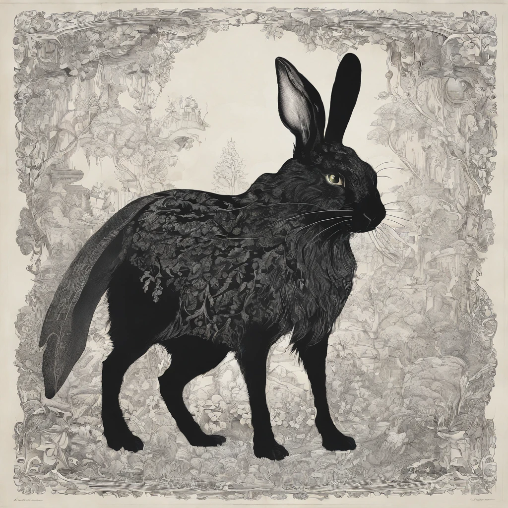 there is a black rabbit jumping up into the air with its paw, Burqa, Miura, based on Nikolai Burachek, Miura kentaro style, inspired by Maciej Kuchara, inspired by Franciszek Zmurko, Miura kentaro, turbid, Martina Krupičková, Murray Tinkelman