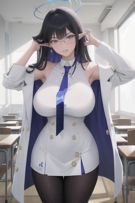 masterpiece, best quality, 1girl, solo, standing, rin, halo, sleeveless, necktie, white dress, pantyhose, mature female, parted lips, white jacket, glasses, wide hips, hand to own face, adjusting eyewear, classroom, smiling, looking at viewer, large breasts, legs,