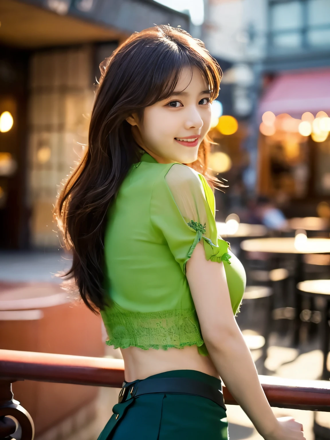 1 girl, (wearing a green blouse:1.2), black short skirt, beautiful Japanese actress, (RAW photo, highest quality), (realistic, Photoreal:1.4), masterpiece, very delicate and beautiful, very detailed, 2K wallpaper, wonderful, finely, very detailed CG Unity 8k wallpaper, Super detailed, High resolution, soft light, beautiful detailed girl, very detailed目と顔, beautifully detailed nose, beautiful and detailed eyes, Long hair, cinematic lighting, break, (Against the backdrop of a outside the cafe terrace 1.3), city lights, perfect anatomy, slender body, smile, face and body completely facing forward, (waist shot), (emphasize big breasts),