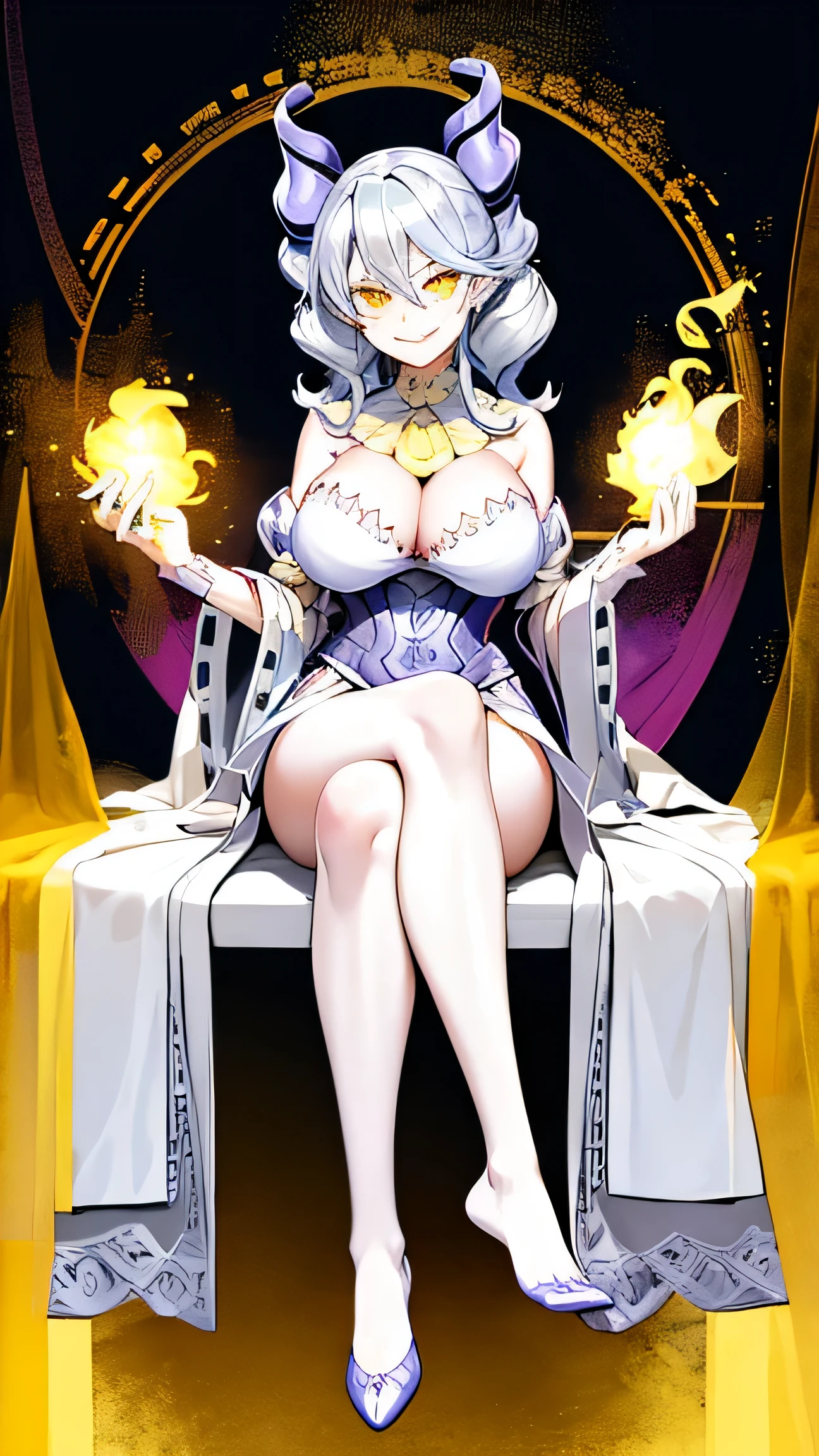 Lady Labrynth, large breast, yellow eye, glowing, glowing eyes, happy) (digital) (crossed legs style in detailed ) , best quality, masterpiece, looking at viewer, smile, shenhedef, shenhernd, full body, sitting