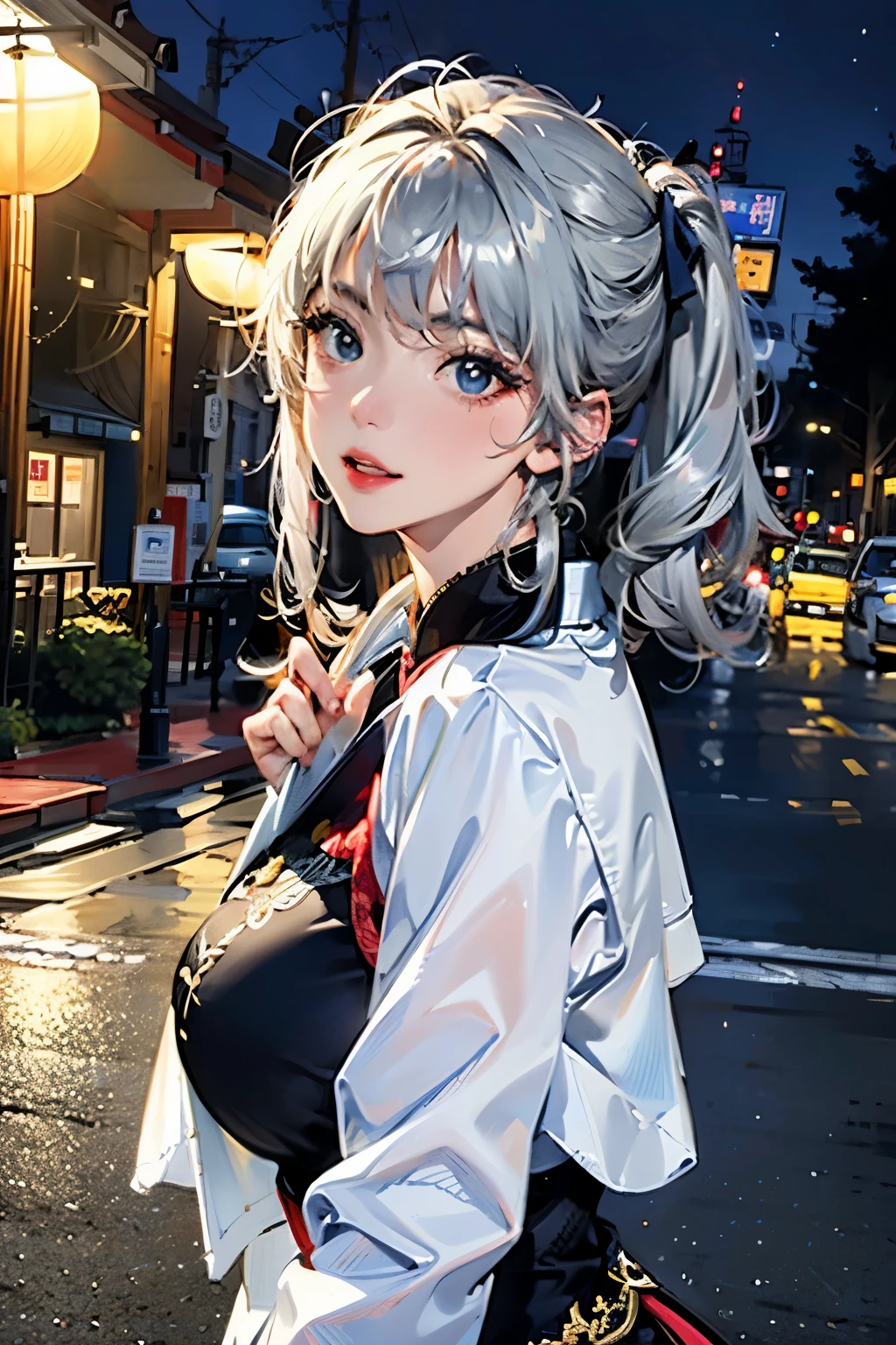 8K, obra maestra, Mejor calidad, noche, Luna llena, 1 chica, Estilo chino, arquitectura china, mujer madura, Hermana, silver white pelo largoed woman, pelo largo, Labios rosa claro, calma, racional, sin ropa, cuerpo completo