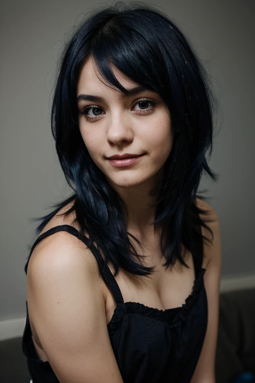 Emo girl, dark blue hair, with a slight smile