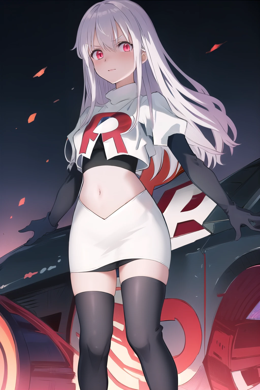 masterpiece, best quality, demon_kisara, glowing eyes, team rocket,team rocket uniform,white skirt,red letter R,crop top,black thigh-highs,black elbow gloves
