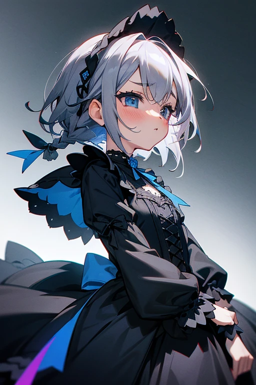 short gray hair, blush, Gothic Lolita、punk fashion、Headbang 2.、Blue and black clothes、Braid、