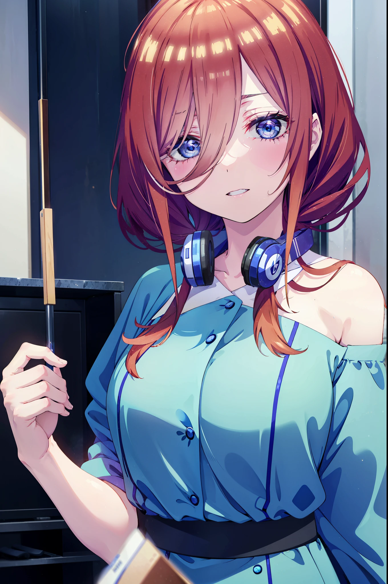 Miku Nakano, Miku Nakano, long hair, bangs, blue eyes, brown hair, shirt, hair between eyes, happy smile, smile, open your mouth,headphones around neck,Blue off-shoulder dress,long skirt,cook in the kitchen、フライパンでエビを調理する
break indoors, kitchen,
break looking at viewer,
break (masterpiece:1.2), highest quality, High resolution, unity 8k wallpaper, (figure:0.8), (detailed and beautiful eyes:1.6), highly detailed face, perfect lighting, Very detailed CG, (perfect hands, perfect anatomy),