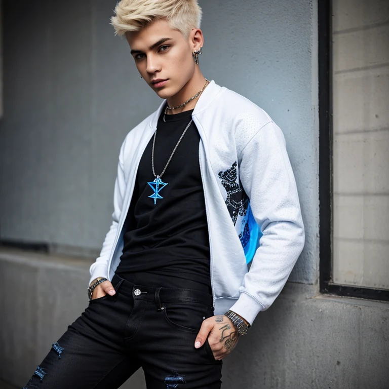 20 year old boy blue sweatshirt with open white black shirt with blue flame print rune necklace black jeans black waist muscular build slim blonde hair punk cut 