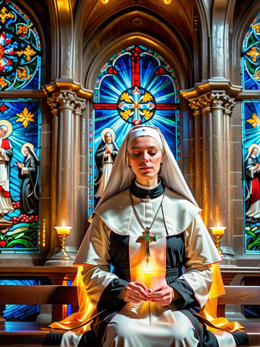 ((nun in beautiful church:1.6)), Religious atmosphere, stained glass windows, sacred tranquility, intricate details, peaceful atmosphere, calm expression, graceful posture, Sacred Silence, bright colors, Calm gaze, gentle brushstrokes, ethereal light, eternal beauty, quiet spirituality, Divine inspiration, Divine piety, thin coat of varnish, Composition with delicate brushstrokes, subtle shades, Charming atmosphere, divine light, religious icons, Peaceful solitude, enlightenment, devotional experience, Meditation of tranquility, deep tranquility, Realistic, Neon lights, (Liquid light background), (UHD, 8k), masterpiece, ccurate, anatomically correct, textured skin, super detail, high details, award winning, best quality