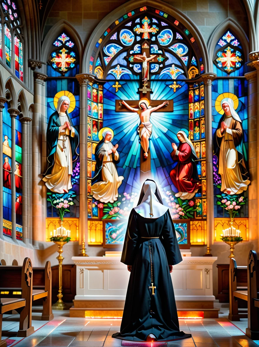 ((nun in beautiful church:1.6)), Religious atmosphere, stained glass windows, sacred tranquility, intricate details, peaceful atmosphere, calm expression, graceful posture, Sacred Silence, bright colors, Calm gaze, gentle brushstrokes, ethereal light, eternal beauty, quiet spirituality, Divine inspiration, Divine piety, thin coat of varnish, Composition with delicate brushstrokes, subtle shades, Charming atmosphere, divine light, religious icons, Peaceful solitude, enlightenment, devotional experience, Meditation of tranquility, deep tranquility, Realistic, Neon lights, (Liquid light background), (UHD, 8k), masterpiece, ccurate, anatomically correct, textured skin, super detail, high details, award winning, best quality
