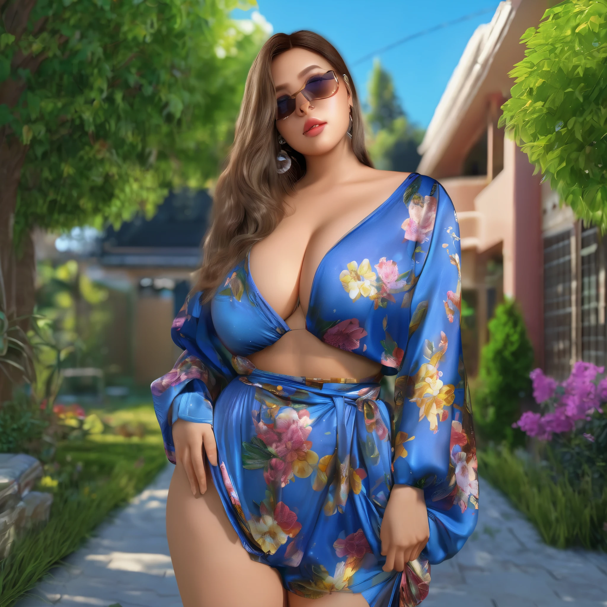 (best quality,4k,8k,highres,masterpiece:1.2), ultra-detailed, (realistic,photorealistic,photo-realistic:1.37), HDR, UHD, studio lighting, ultra-fine painting, sharp focus, physically-based rendering, extreme detail description, professional, vivid colors, bokeh, portraits, landscape, anime, photography A lovely woman with giga breasts and a sheer blue billowing outfit is sexy walking her cat around her suburban neighborhood, neighbors drop what they are doing and stare.