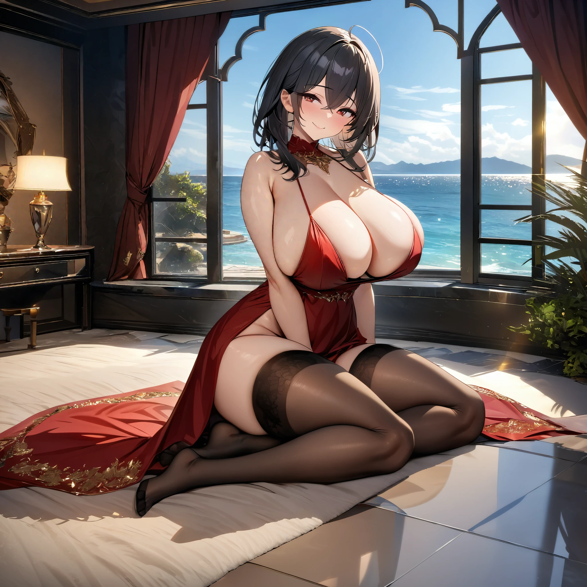 a woman wearing a red dress, long brown stockings, long black hair, red eyes, smiling, big breasts, full body, in a luxurious room with gold and white tiles, tiled floor, large window in the background giving a view of the sea,HDR, ultra resolution, well defined, masterpiece, 8K HD. (solo woman)