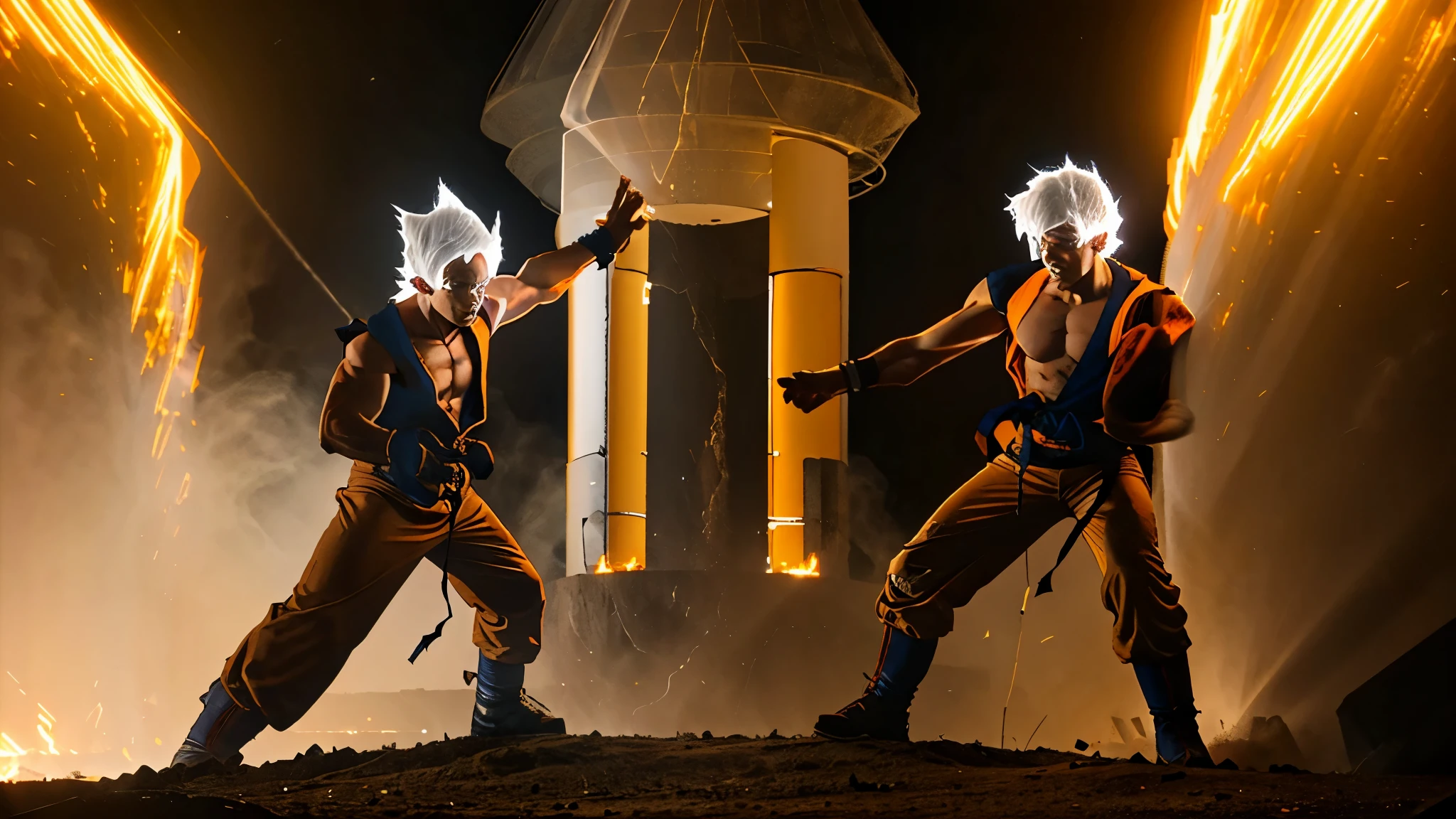 Goku have a white haired and jack body and strong and he's fighting beerus