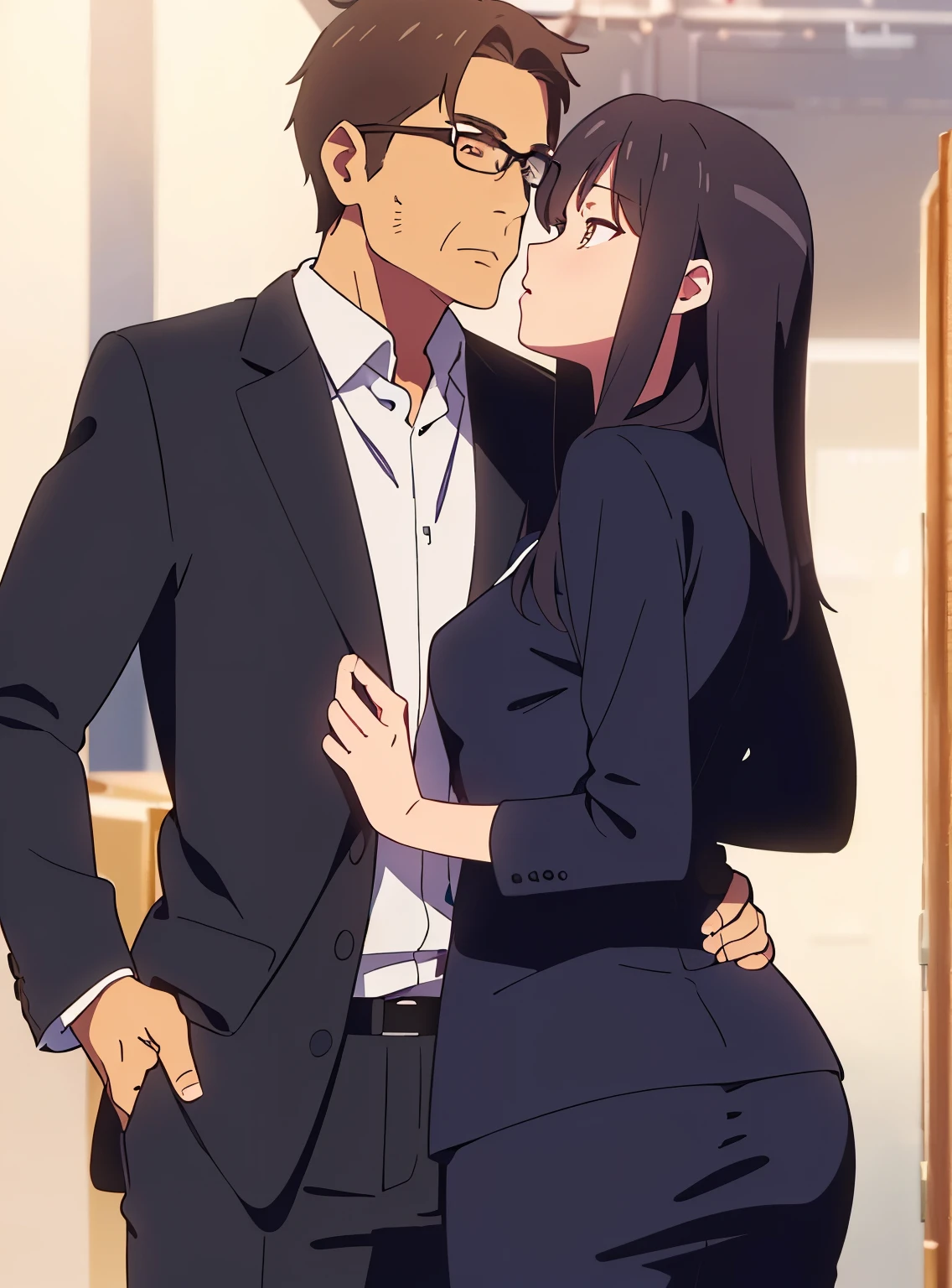 shinkai makoto, kimi no na wa., middle aged man, buzzcut, nude, wrinkles, mustache, middle aged man touching girl breast,breastgrope from behind, passionate hug, middle aged man is hugging from behind, kiss shoulder, 1girl, black hair, brown eyes, open mouth, Twisted Half Up, red ribbon, long hair, nude, medium breast, punk nipples, pussy, night, indoors, bedroom, masterpiece, perfect anatomy, cowboyshot, 