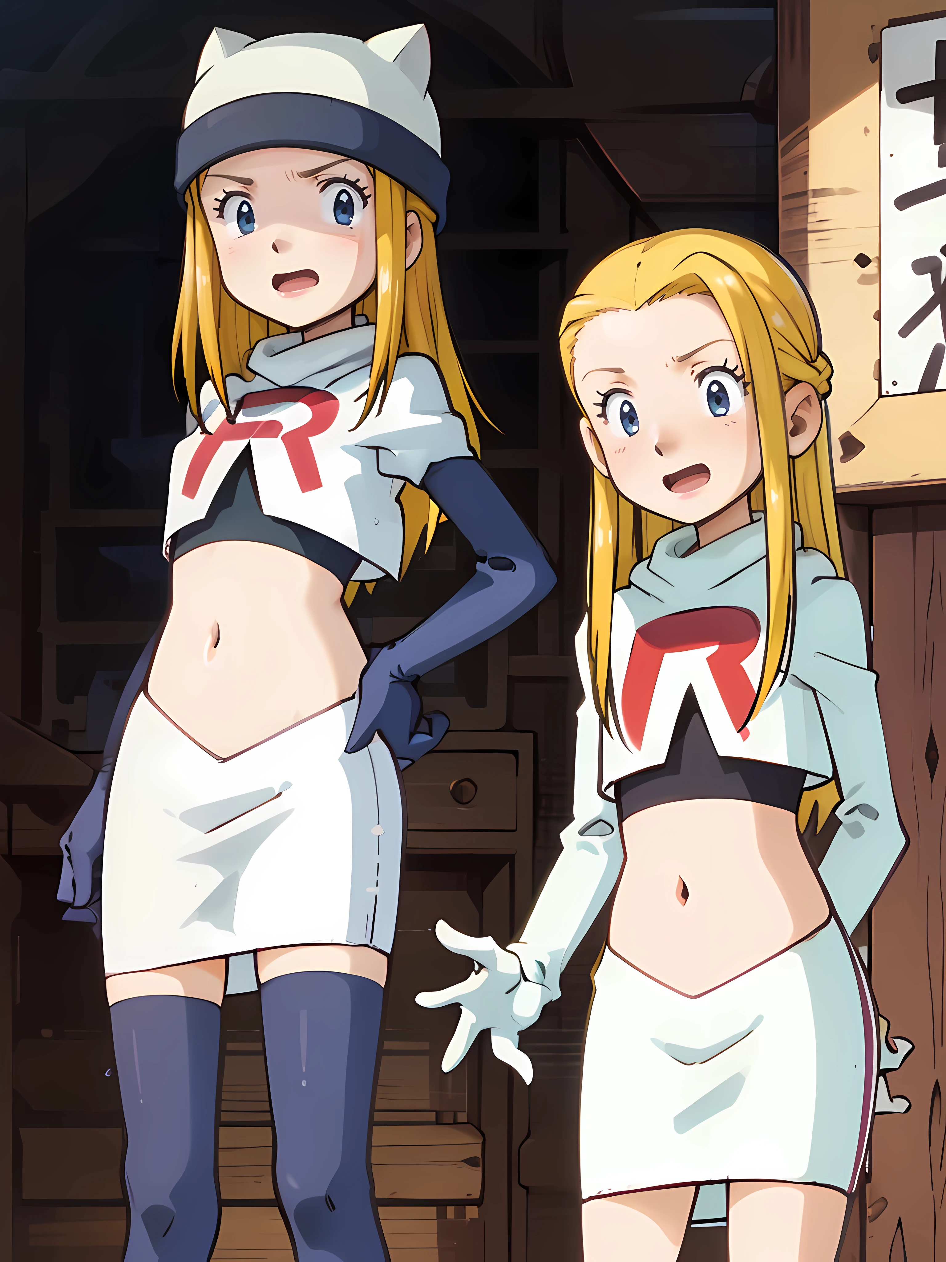 Izumi Orimoto, 1girl, yellow eyes, blonde hair, longt hair,   glossy lips, white cat hat, medium size breats, team rocket uniform, red letter R, white skirt,white crop top,black thigh-high boots, black elbow gloves, sexy poses