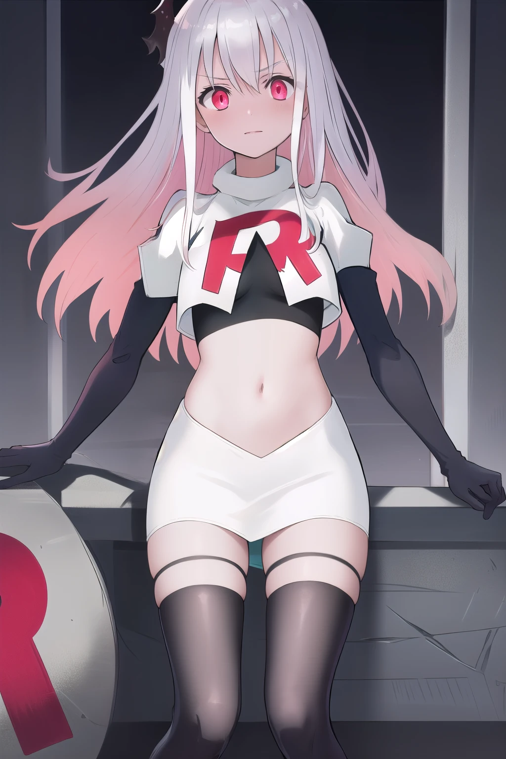 masterpiece, best quality, demon_kisara, glowing eyes, team rocket,team rocket uniform,white skirt,red letter R,crop top,black thigh-highs,black elbow gloves

