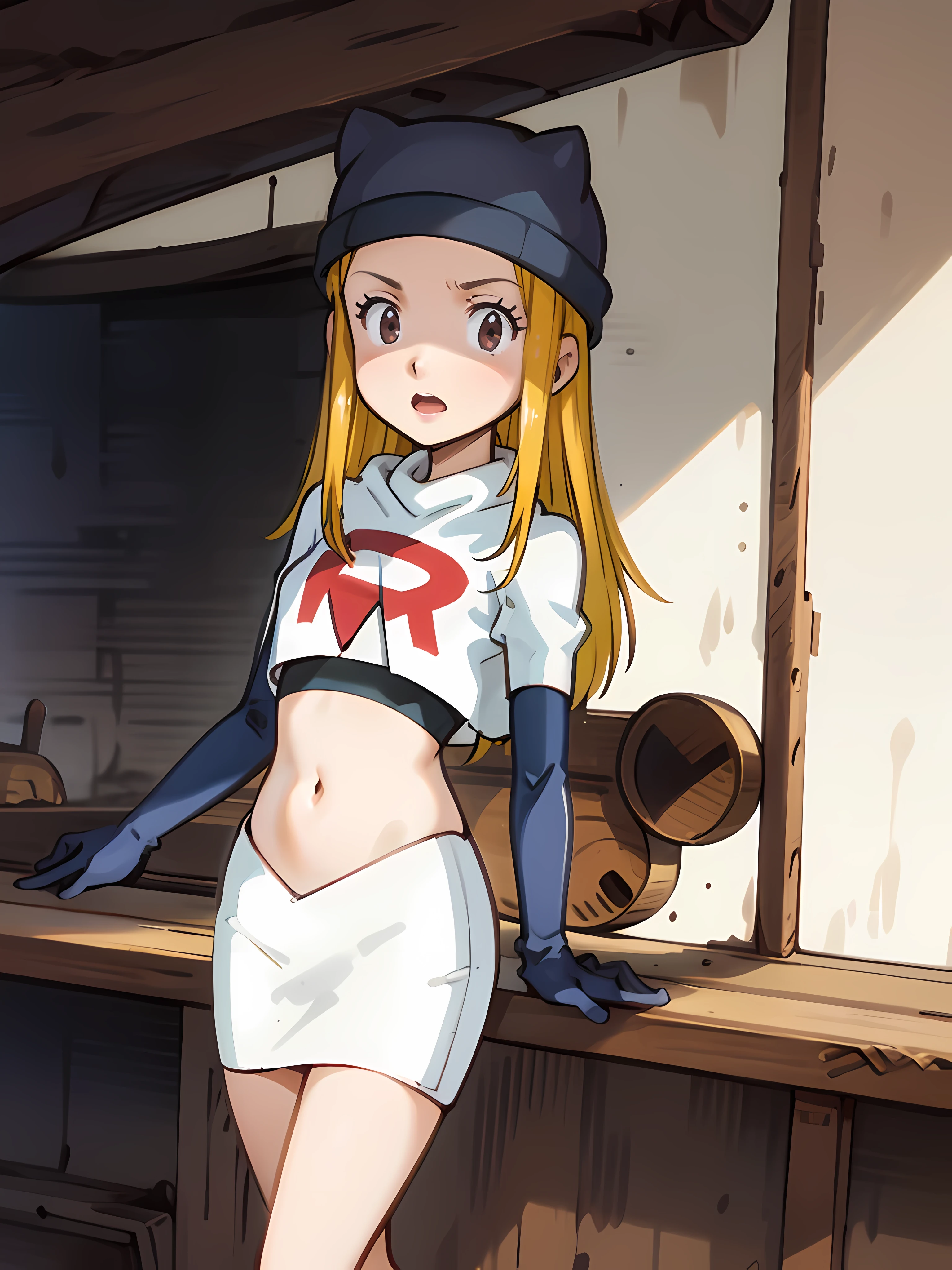 Izumi Orimoto, 1girl, yellow eyes, blonde hair, longt hair,   glossy lips, white cat hat, medium size breats, team rocket uniform, red letter R, white skirt,white crop top,black thigh-high boots, black elbow gloves, sexy poses