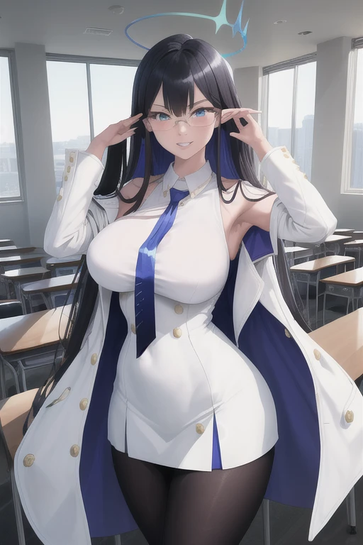 masterpiece, best quality, 1girl, solo, standing, rin, halo, sleeveless, necktie, white dress, pantyhose, mature female, parted lips, white jacket, glasses, wide hips, hand to own face, adjusting eyewear, classroom, smiling, looking at viewer, large breasts, legs,