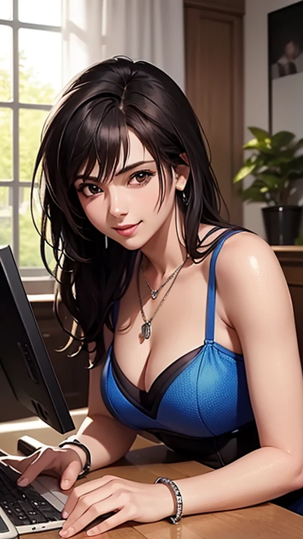 Rinoa, Blue rag, Blue bracelet, Half of the body, smile, have a necklace, Outstanding masterpieces, Ultra-realistic 8K computer graphics, perfect work of art, seductive pose, sexy pose, modern, clean, beautiful face, clean face, pale skin, Complexity, prestige, wonderful, luxury, Trendy Ballroom.