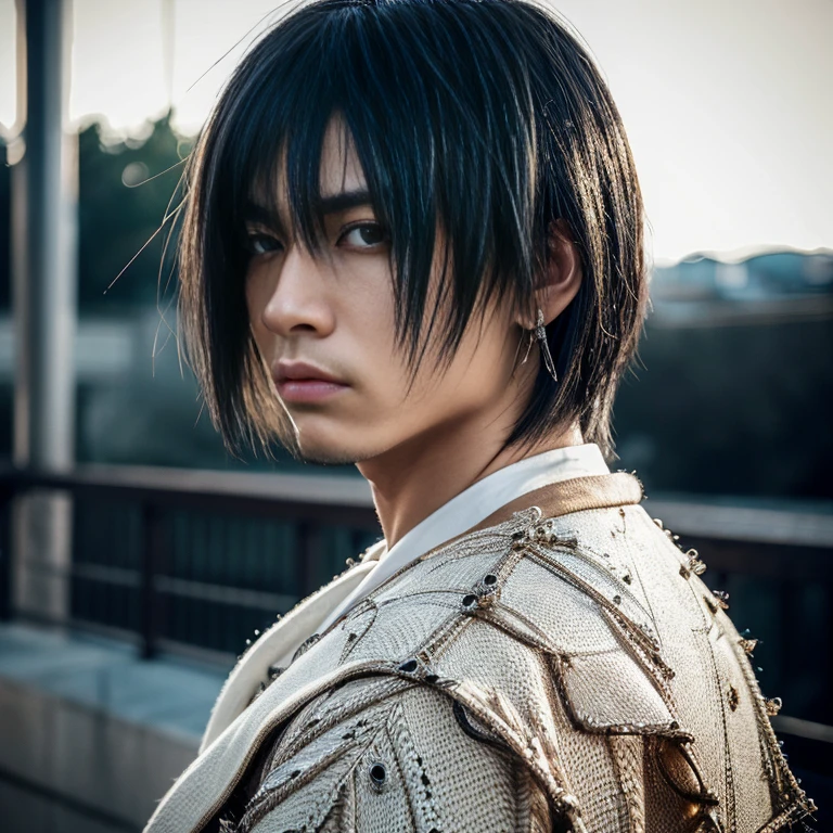1 man, Japanese man, male, Asian eyes, muscular, broad shoulders, hairstyle Visual Kei style, hair Visual Kei, outfit H.R. Giger gothic, ultra detailed face, hyperrealistic, realistic representation, 30 years old, ,age 30 years, white hair