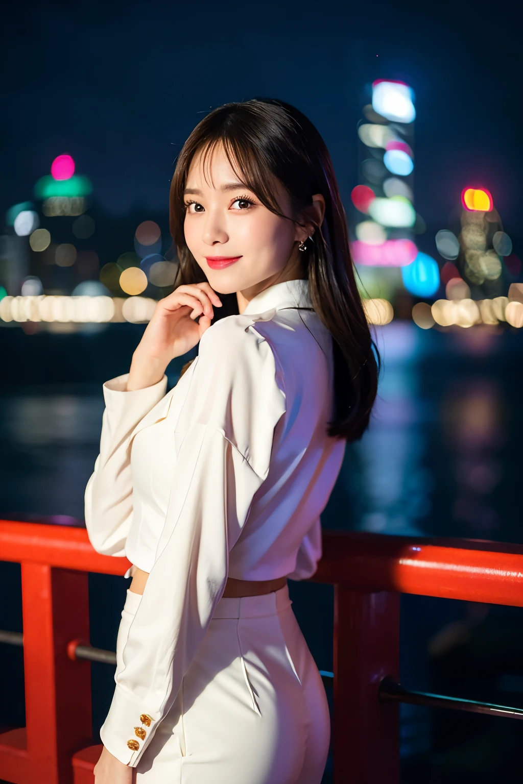 raw photo),(best quality), (photorealistic),(simple white background:1.2), ,,a girl, upper body, high detail face, smile, High-waisted pants paired with a silk blouse and structured blazer, create a polished and powerful look, a scene of Victoria Harbour in Hong Kong at night,sparkling reflections dancing on the water,glittering skyscrapers along both sides of the harbor,twinkling lights dotting the city skyline,colorful laser beams shooting across the sky,(best quality,4k,8k,highres,masterpiece:1.2),ultra-detailed,realistic:1.37) soft shadows and highlights,impressive depth of field and sharp focus,HDR,UHD,studio lighting,physically-based rendering,vivid colors,lively atmosphere,bokeh information
