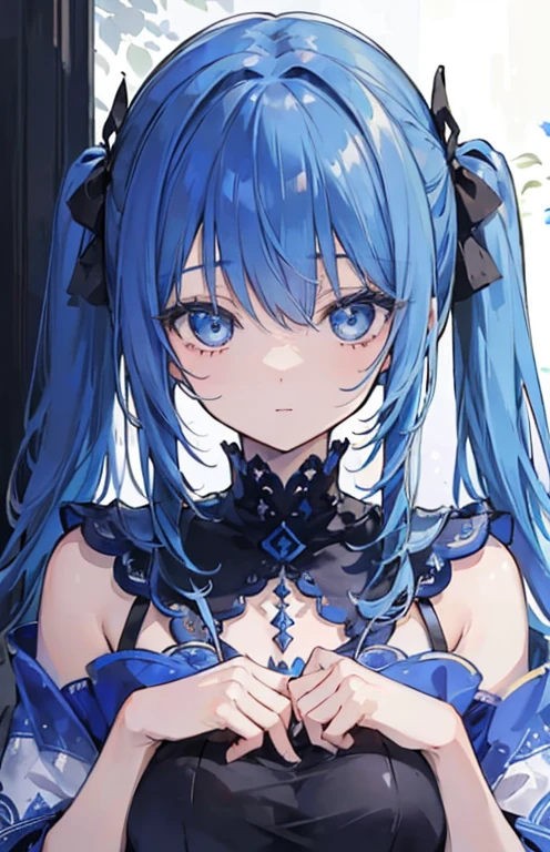 (Digital Art:0.2),(Highest quality),(masterpiece),Delicately painted face,She had a beautiful face.,Beautiful and exquisite blue eyes,Gothic Fashion,((Black and blue costume)),(Beautiful silky blue hair:1.2),Black ribbon hair ornament,Cinema Lighting,Abstract,Beautiful artistic illustration、Character portrait、Facing forward、vtuber