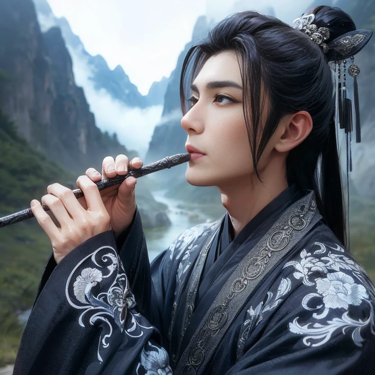(Best Quality:1.2), (high resolution:1.2), (beautiful face and eye:1.2), (sharpest focus:1.2), (Ultra-realistic Photo:1.2), (Ultra-precise Photo:1.2), (Depth of field:1.2), (8k high resolution:1.2), (perfect ???????:1.2), (nice hands:1.5), 
(perfect hands:1.5), (Very young and masculine and dignified and beautiful Chinese male:1.5), (Beautiful nobleman:1.0), (A beautiful nobleman:1.0), (A shiny black hermit-like garment with fancy embroidery:1.0), (A gentle smile:1.3), 
(Playing an iron flute:1.5), (A secluded hermit-like place deep in the mountains of China:1.0), (A mysterious fairyland:1.2), (Birds and animals gathered to listen to the sound of the flute:1.3), (Looking up angle:1.0), 