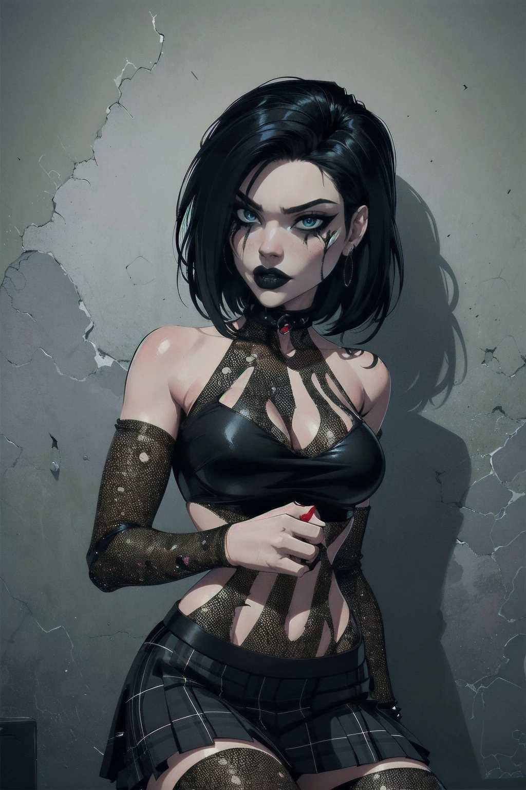 a woman with short black hair, hair on shoulders,  wearing a black cropped  and plaid skirt, blue eyes, zombie art, gothic art, cute aesthetic with vibe, toon aesthetic, wearing red costume, wearing gothic accessories, look like Cassie Hack, upper body, on his knees  ,holding a skull in her hand, zombie background