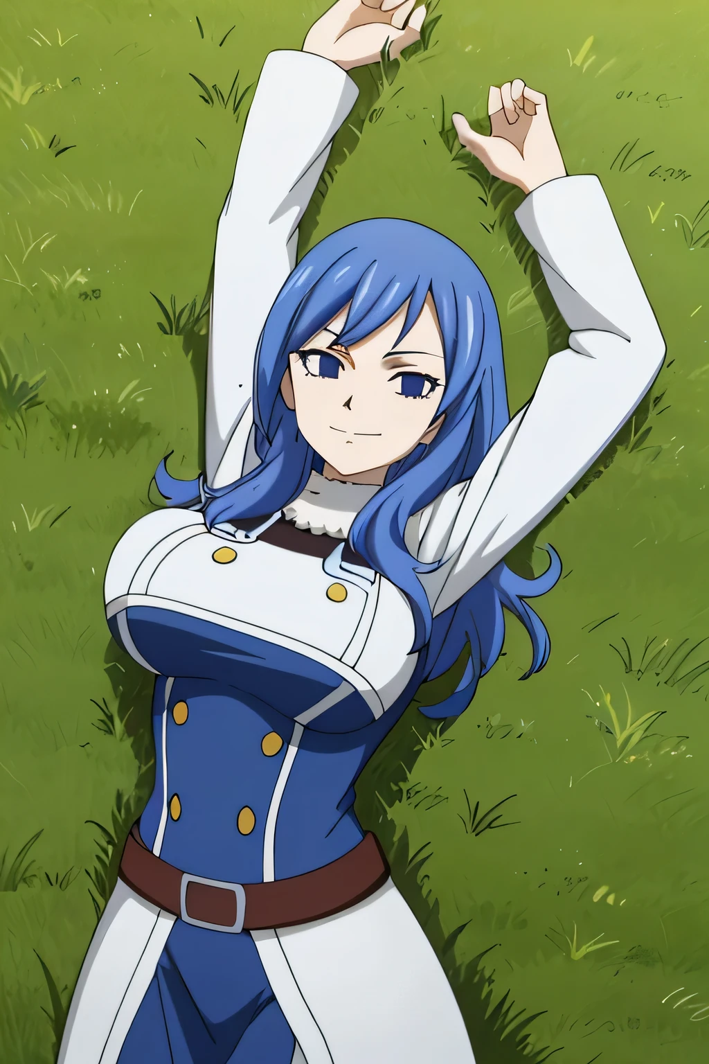 masterpiece, absurdres , (intricate details), (colorful), bust shot, extremely detailed CG unity 8k wallpaper, juviagmg, 1girl, looking at viewer, solo, on grass, on back, arms up, spread arms, cowboy shot, closed mouth, smile