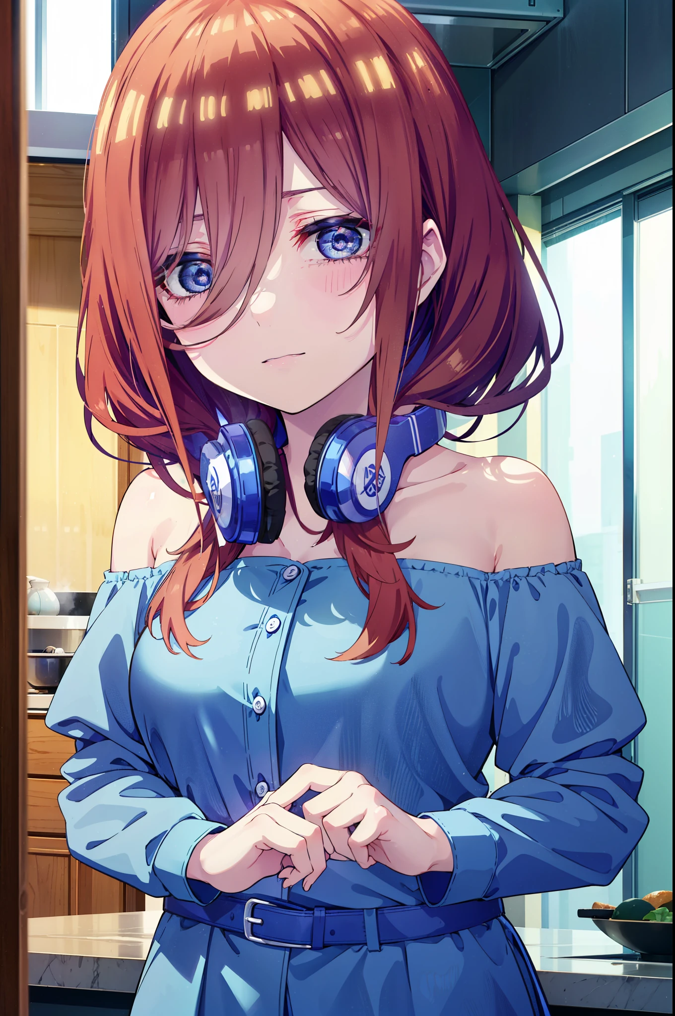 Miku Nakano, Miku Nakano, long hair, bangs, blue eyes, brown hair, shirt, hair between eyes, happy smile, smile, open your mouth,headphones around neck,Blue off-shoulder dress,long skirt,cook in the kitchen、フライパンでエビを調理する
break indoors, kitchen,
break looking at viewer,whole body ,(cowboy shot:1.5),
break (masterpiece:1.2), highest quality, High resolution, unity 8k wallpaper, (figure:0.8), (detailed and beautiful eyes:1.6), highly detailed face, perfect lighting, Very detailed CG, (perfect hands, perfect anatomy),