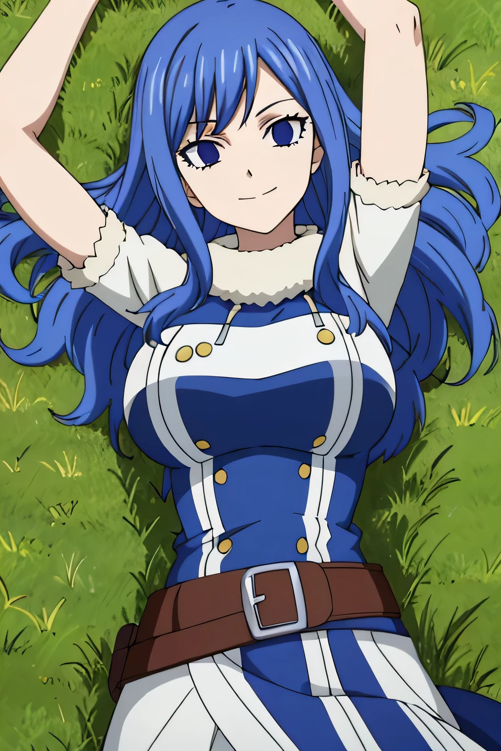 masterpiece, absurdres , (intricate details), (colorful), bust shot, extremely detailed CG unity 8k wallpaper, juviagmg, 1girl, looking at viewer, solo, on grass, on back, arms up, spread arms, cowboy shot, closed mouth, smile