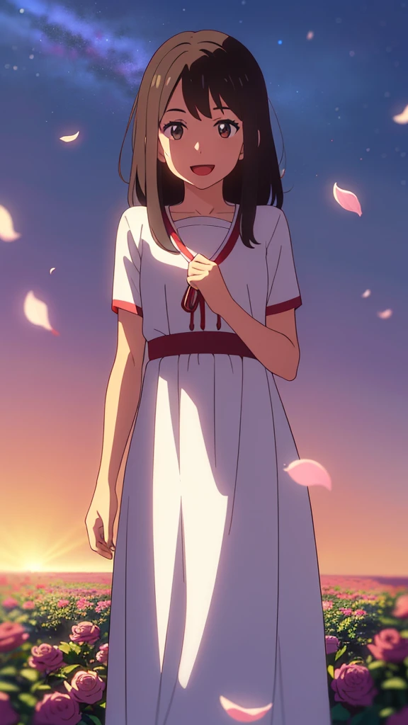 shinkai makoto, kimi no na wa., 1 chica, Golpes, PELO NEGRO, rubor, Brown eyes, piel brillante, diadema roja, Arco rojo, Red ribbon, cuello marinero turquesa, color marinero turquesa, falda turquesa, falda a cuadros, cabello corto, sonrisa, lindo, solo, feliz, boca abierta, :d. Hermoso, mirando al espectador, mangas cortas, pendientes, cereza_flores, descendente_petals, petals, rama, rosa_flor, blue_cielo, luz de sol, primavera_season, viento, tree
