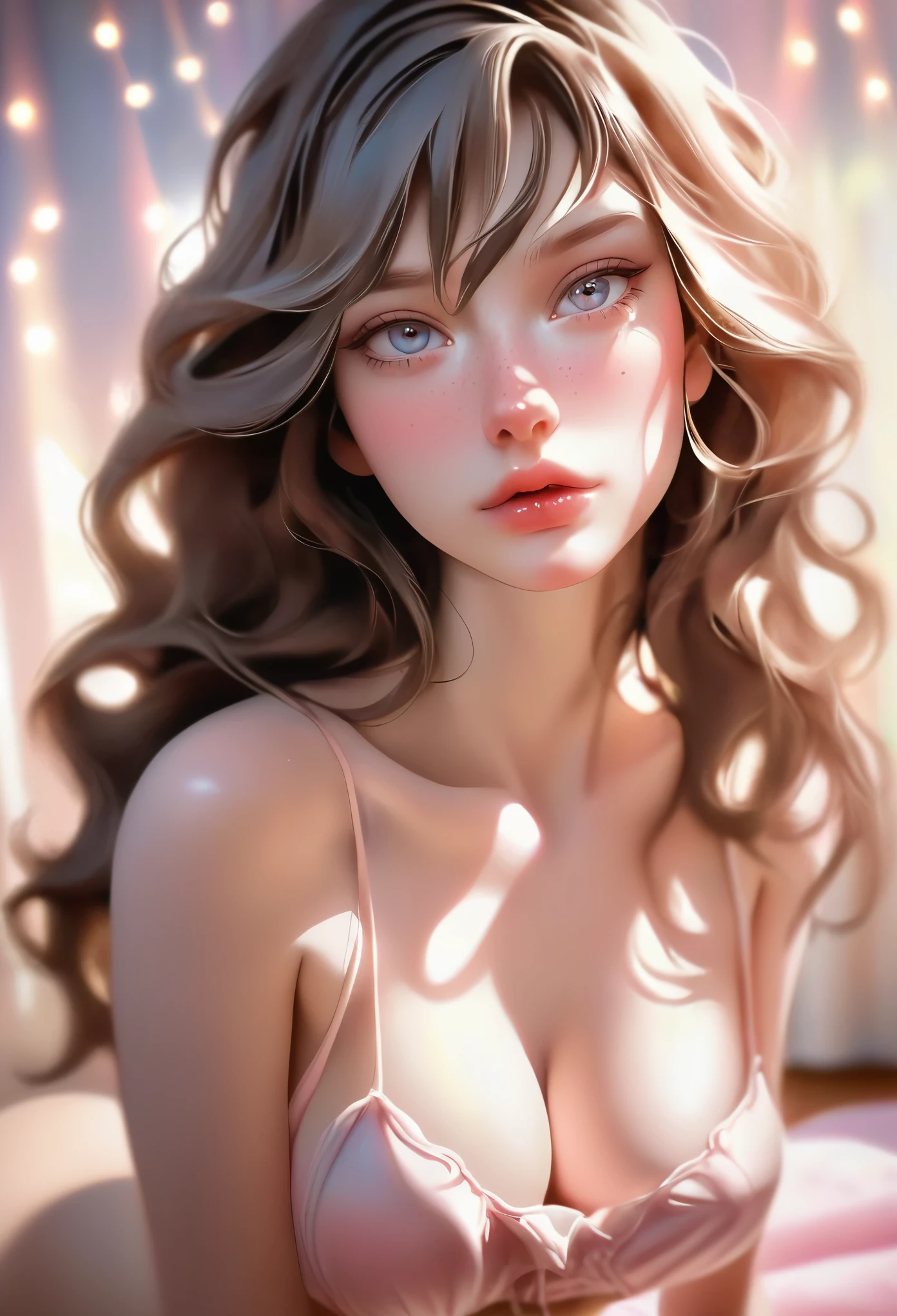 Low angle view, wide angle shot, (((GinaBanini:1.0))), NSFW, (((ultra realistic))) Photo, masterpiece, top quality, (pale skin), (Ultra detailed face and eyes:1.4), 18-year-old feminine female, (no Eye makeup, mascara) , ((large detailed lips)), ((ash wavy hair)). ((Posing nude)), photoshoot, studio (soft lighting), (The play of light and shadows), depth of field, bokeh, (special attention to skin detail: 1.2), Detailed leather texture, skin pores. (Airy atmosphere of the frame. Color range - delicate, Bright, white, Pink tones), UDR, ((Film grain)), ((rays)), ((glare of the sun)), ((waist up portrait, close to the camera)) , ultra detailed, nude, full body shot