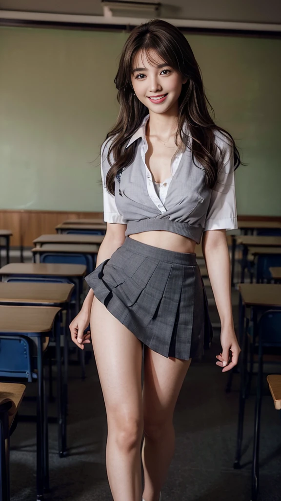 ((beautiful girl:1.3))、((school uniform:1.4))、((skirt lift:1.5))、((panty shot:1.5))、((high school))、((erect nipples:1.3))、((gray skirt:1.3))、((In the classroom:1.3))、((Thin Fabric:1.4))、((sexy pose:1.3))、((face is flushed:1.4))、((chest:1.2))、((close:1.2))、highest quality、masterpiece、ultra high resolution、(realistic:1.4)、Raw photo、(real skin texture:1.3)、(film grain:1.3)、panorama、character portrait、very wide shot、tight waist、cowboy shot、(in the dark, deep shadow, discreet key, cold light)、night、Tyndall effect、(Performance)、1 girl、Beautifully detailed eyes and face、white jabot、brown eyes、((brown hair:1.2))、((full body:1.3))、((smile:1.3))