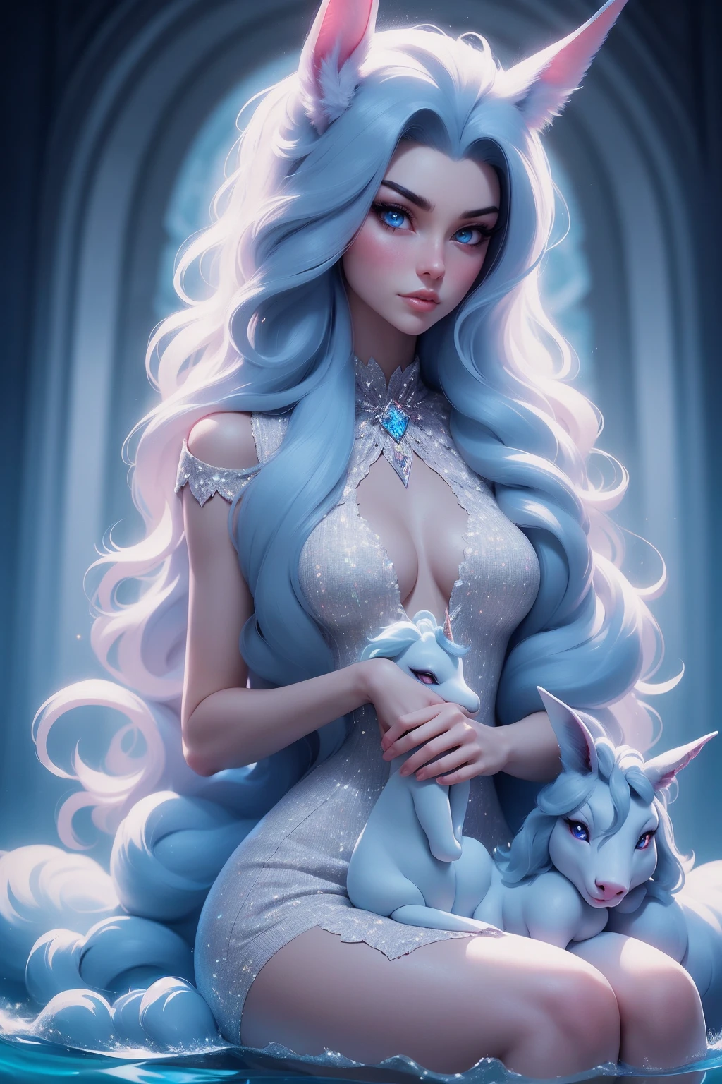 {-erro_de_anatomia:1.0} There is a white unicorn girl, blue mane and long mane, white unicorn, unicorn, unicorn horns, A unicorn, celestia, Nine stories, blue unicorn, soft dreamy, cinematic light《fangs》Unicorn in, mythological creatures, a mythical creature, Pokémon illustration, unicorns, a glaceon princess, white dress, opal eyes. Auroracore, ghostly iridescent, image good for rendering, sitting on the water. unicorn girl, full body, holding a crystal unicorn
