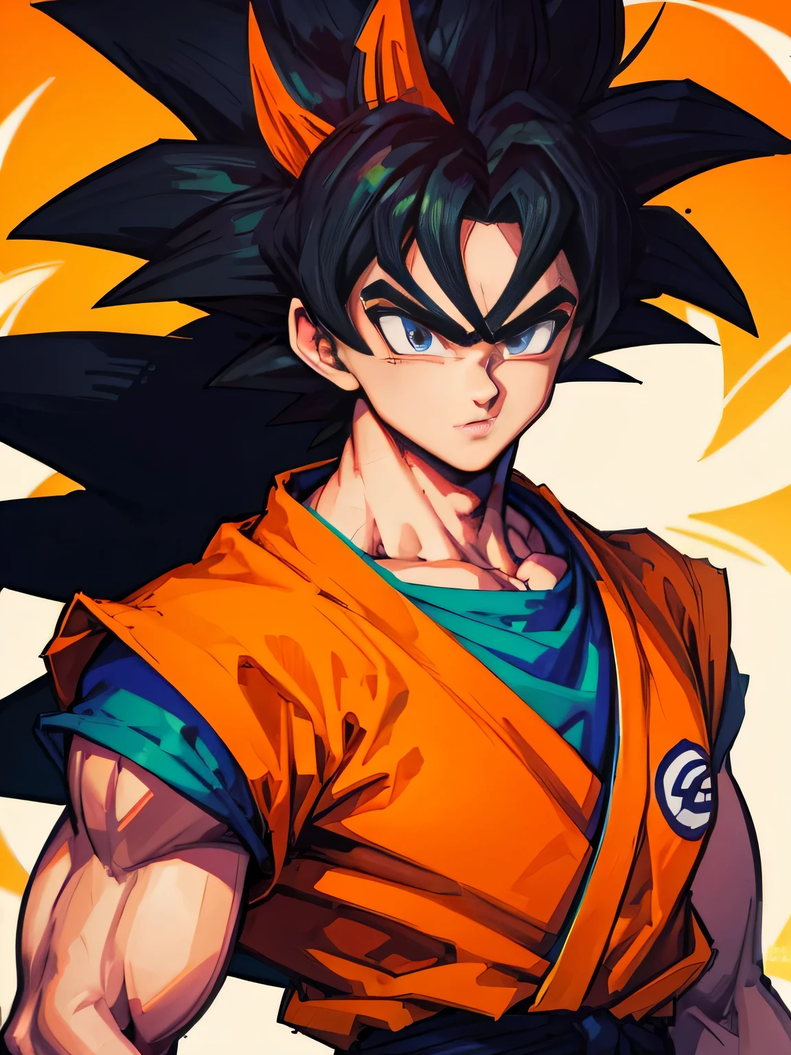 (masterpiece), best quality, ultra-detailed, Goku from Dragon Ball Z with spiky black hair, wearing orange clothes, Retro style.