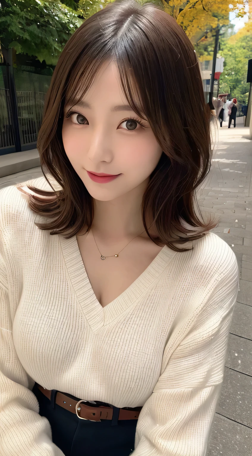 table top, highest quality, figure, Super detailed, finely, High resolution, 8k wallpaper, Perfect dynamic composition figure, detailed and beautiful eyes, white knit,A shiny black enamel belt、autumn ladies fashion,wavy hair,huge tit、natural color lip, bold sexy pose、smile、Marunouchi、28-year-old Japanese woman、cute、sexy shot looking at camera、full body image