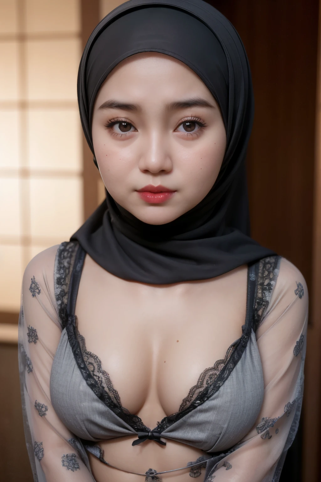 Wearing Lace Lingerie, (((HIJAB MALAY GIRL))), masutepiece, High quality, UHD 32K, Realistic face, Realistic skin feeling , A Japanese Lady, 8 years old, , Very cute and baby-like face, (((FLAT CHEST))), (MATRIX WORLD), ((look In front  at the camera and SADNESS)), (((CUTE GIRL))), ((RED LIPS)), ((CHUBBY)), (undress, Grey And Black, (Heavy Breasts), (Heavy Boobs),