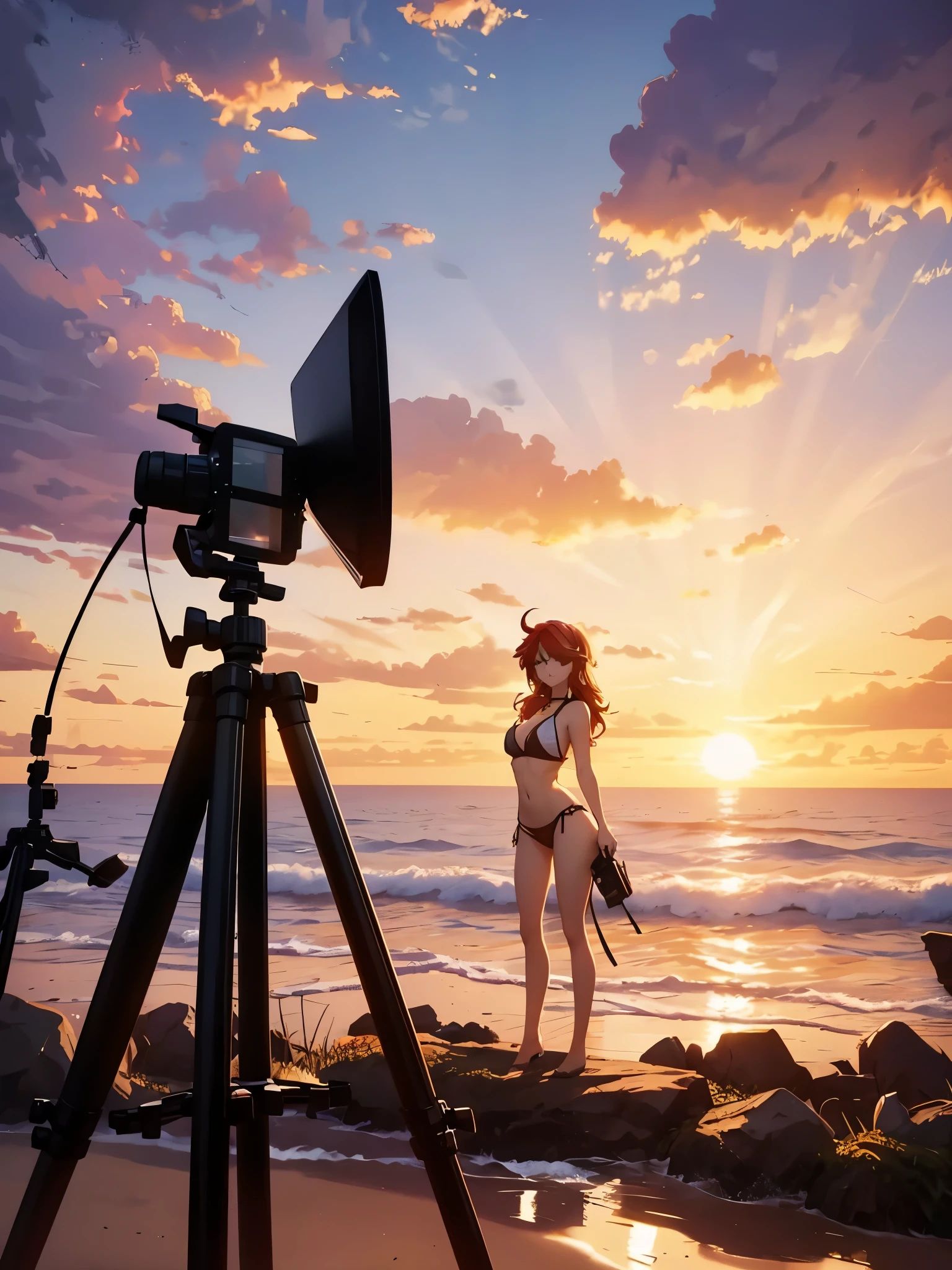 sunset shimmer being photographed wearing a bikini, photographers, multiple people, camera on a tripod, photoshoot