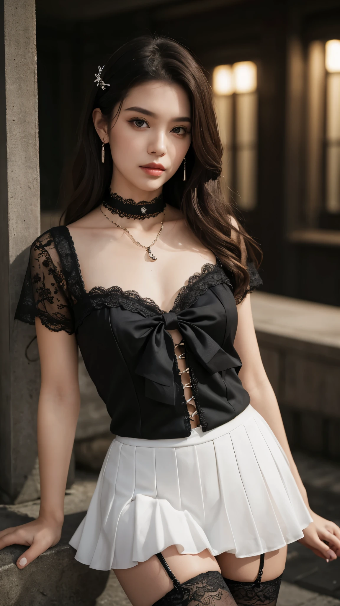 (Ultra-detailed eyes), (((textile shading))), (((Best Quality))), (((masterpiece))), (((Ultra realistic))), fat, sassy girl, Halloween girl, black fluffy hair, unusual hairstyle, Emo Pin up Girl, lace gloves, lace chocker, heart pendant necklace, frilly puff sheer short sleeves, ribbon corset top with bow, lace frilly skirt, front strand, double hair bows, heart pendants earrings, fishnet stockings, black and white outfit, Striking a pose, natural make up, in a grave, spooky, midshot, centered image, good girl, innocent girl, at night, led lighting
