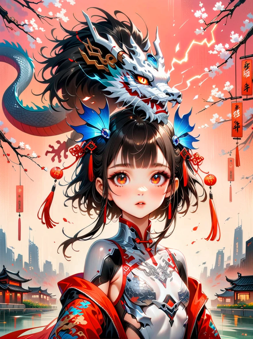 Works of Chinese style masters, shining, Traditional Chinese ink painting, willow branches, Wu Changshuo, 1 girl, small breasts, beautiful detailed eyes, beautiful detailed cyberpunk city, flat chest, beautiful detailed hair, wavy hair, beautiful detailed street, mecha clothes, robot girl, cool movement, silver bodysuit, (filigree), dragon wings, colorful background, a dragon stands behind the girl, rainy days, (lightning effect), beautiful detailed silver dragon armor, (cold face), composition, Dazzling colors, Stunning visual effects, otherworldly appearance, Fascinating artistry, eyes on the audience, high resolution, Super detailed, lifelike, illustration, first-person view, ((masterpiece)), best quality, anatomically correct, ccurate, 8k, best quality, 8K, masterpiece