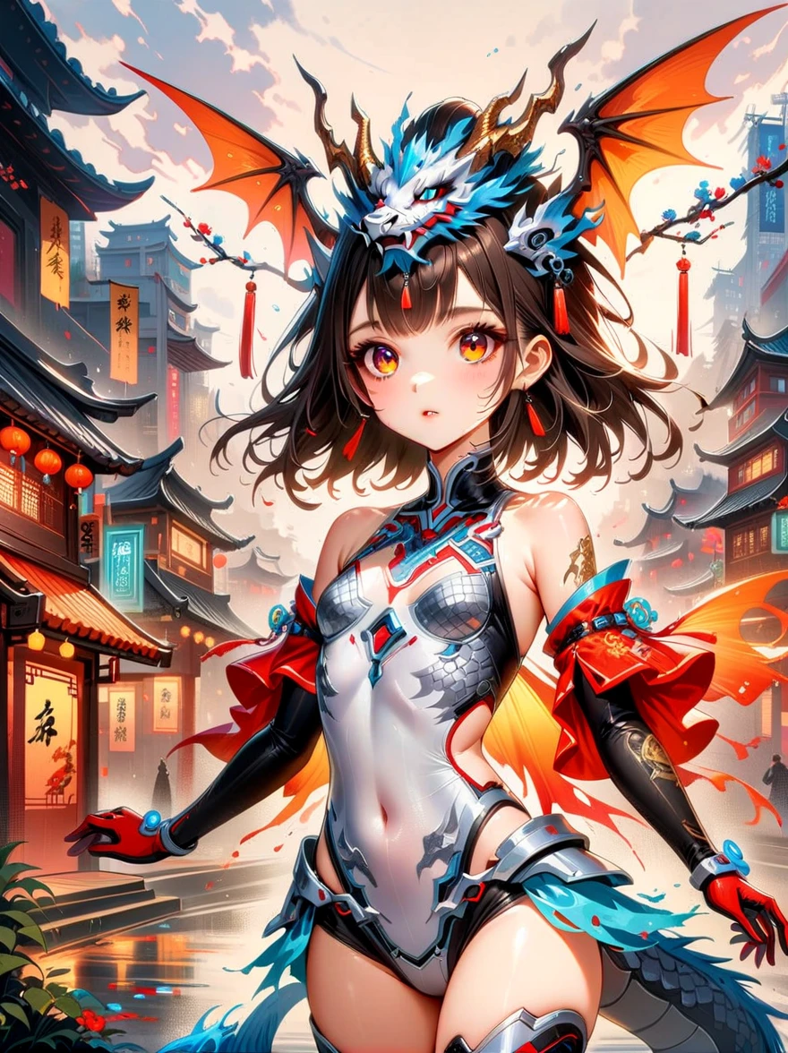 Works of Chinese style masters, shining, Traditional Chinese ink painting, willow branches, Wu Changshuo, 1 girl, small breasts, beautiful detailed eyes, beautiful detailed cyberpunk city, flat chest, beautiful detailed hair, wavy hair, beautiful detailed street, mecha clothes, robot girl, cool movement, silver bodysuit, (filigree), dragon wings, colorful background, a dragon stands behind the girl, rainy days, (lightning effect), beautiful detailed silver dragon armor, (cold face), composition, Dazzling colors, Stunning visual effects, otherworldly appearance, Fascinating artistry, eyes on the audience, high resolution, Super detailed, lifelike, illustration, first-person view, ((masterpiece)), best quality, anatomically correct, ccurate, 8k, best quality, 8K, masterpiece