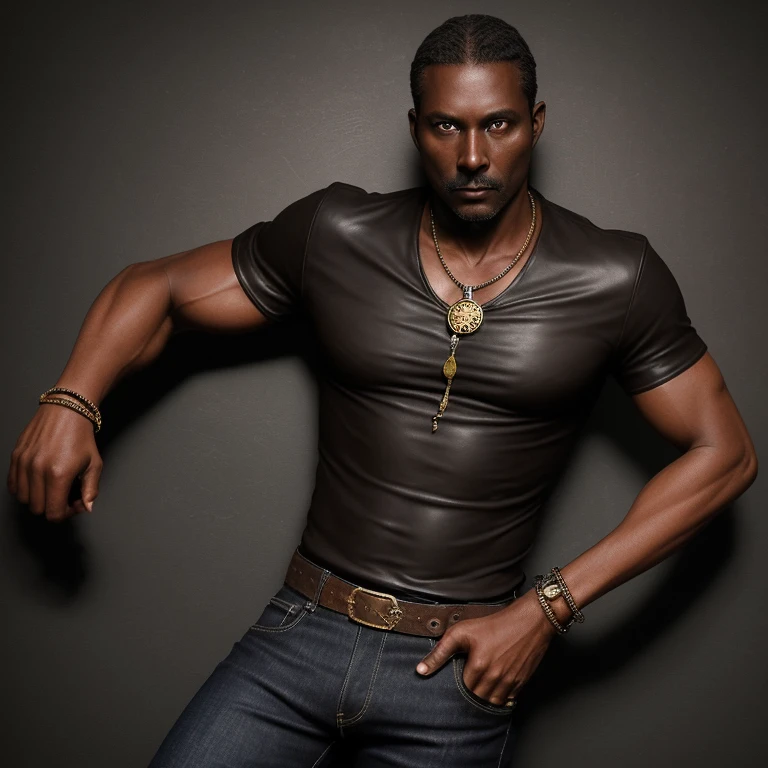 40-year-old man dark skin hunter shirt brown leather black shirt muscular complexion slim voodoo medallion black jeans snake bracelet looking straight at the viewer background of New Orleans at night