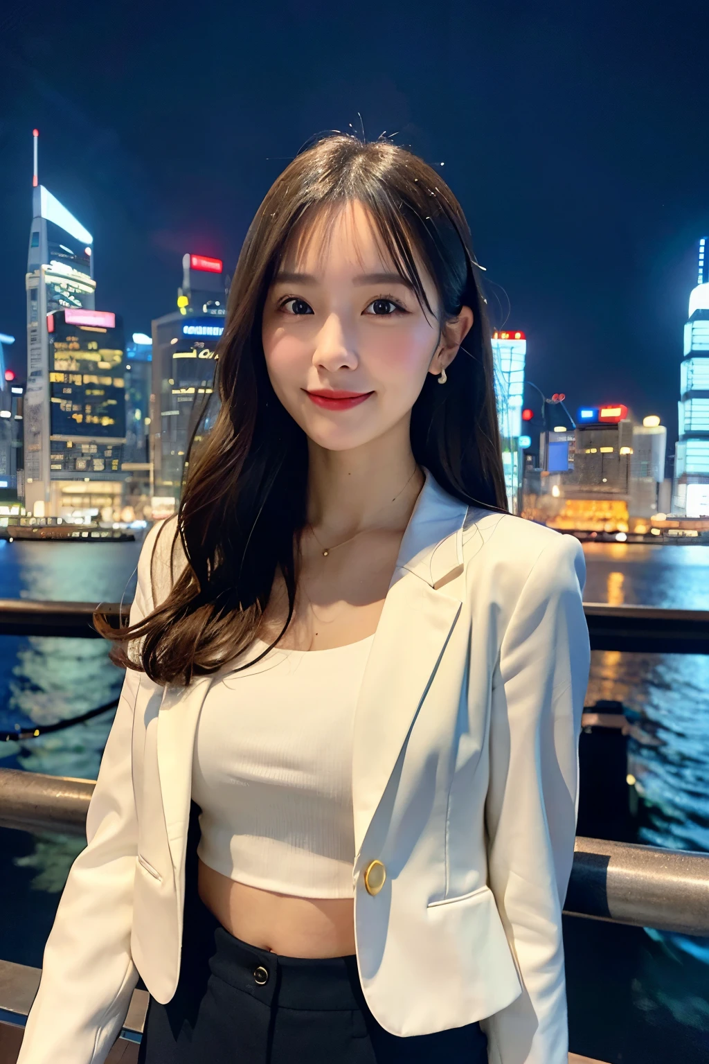 raw photo),(best quality), (photorealistic),(simple white background:1.2), ,,a girl, upper body, high detail face, smile, High-waisted pants paired with a silk blouse and structured blazer, create a polished and powerful look, a scene of Victoria Harbour in Hong Kong at night,sparkling reflections dancing on the water,glittering skyscrapers along both sides of the harbor,twinkling lights dotting the city skyline,colorful laser beams shooting across the sky,(best quality,4k,8k,highres,masterpiece:1.2),ultra-detailed,realistic:1.37) soft shadows and highlights,impressive depth of field and sharp focus,HDR,UHD,studio lighting,physically-based rendering,vivid colors,lively atmosphere,bokeh information