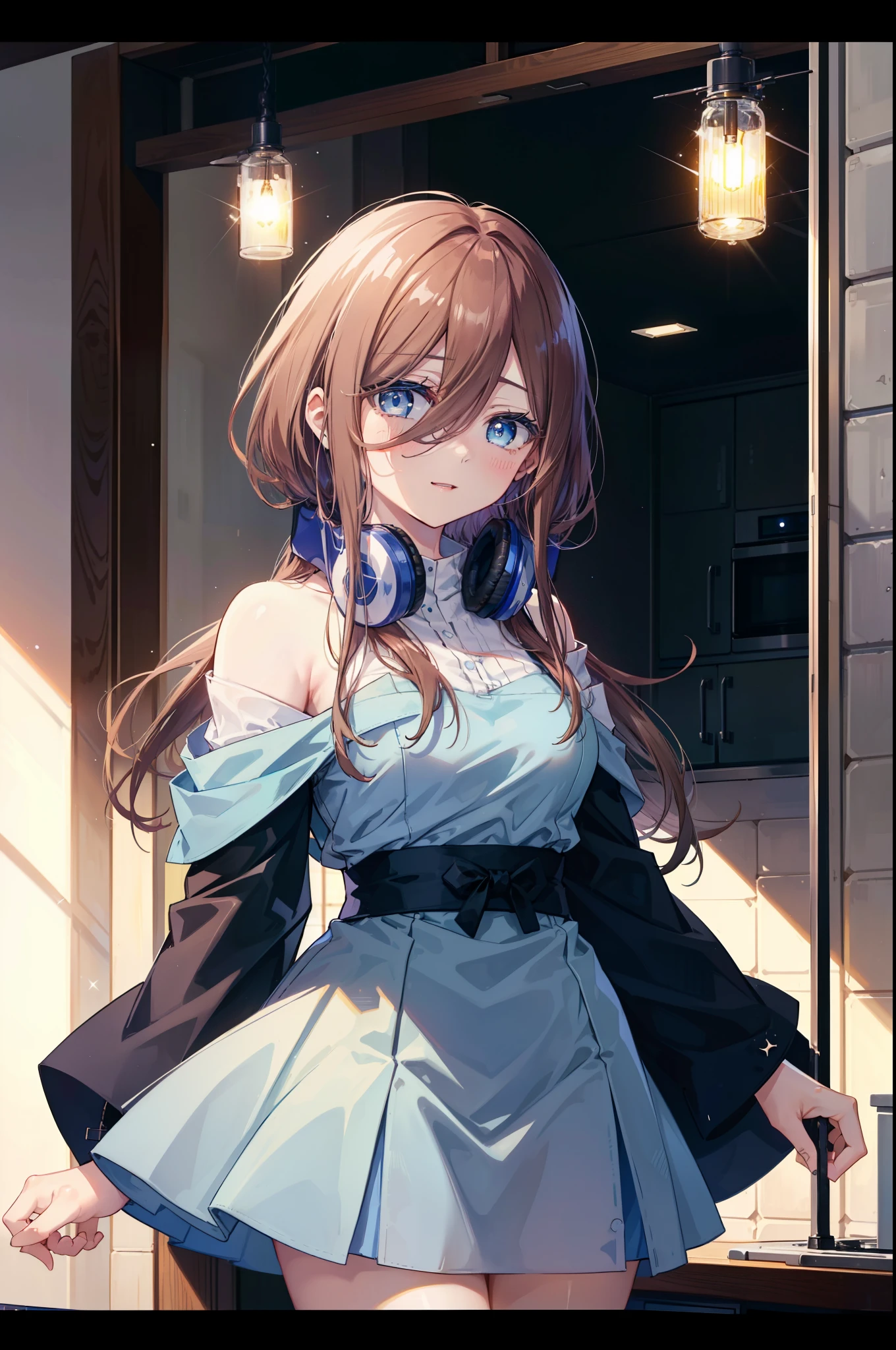 Miku Nakano, Miku Nakano, long hair, bangs, blue eyes, brown hair, shirt, hair between eyes, happy smile, smile, open your mouth,headphones around neck,Blue off-shoulder dress,long skirt,cook in the kitchen、フライパンでエビを調理する
break indoors, kitchen,
break looking at viewer,whole body ,(cowboy shot:1.5),
break (masterpiece:1.2), highest quality, High resolution, unity 8k wallpaper, (figure:0.8), (detailed and beautiful eyes:1.6), highly detailed face, perfect lighting, Very detailed CG, (perfect hands, perfect anatomy),