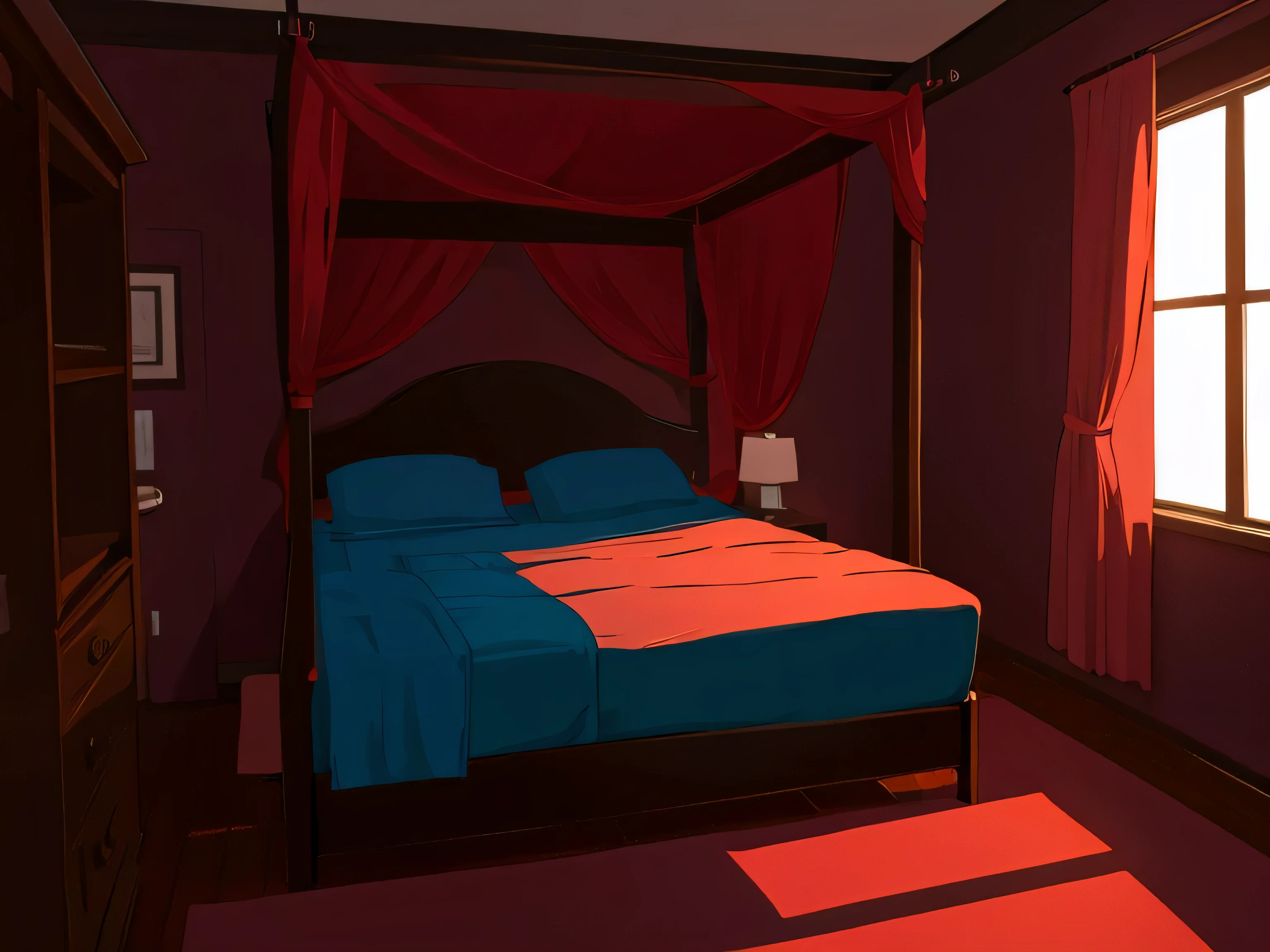 a simple bedroom with red colors,night. comic style. bdsm