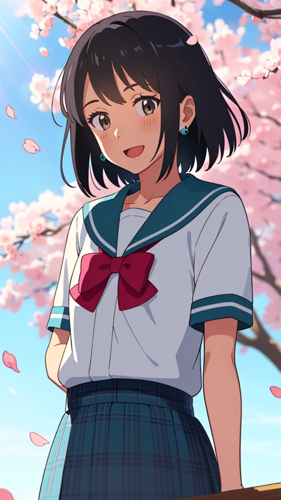 shinkai makoto, kimi no na wa., 1girl, bangs, black hair, blush, brown eyes, shiny skin, red headband, red bow, red ribbon, turquoise sailor collar, turquoise sailor color, turquoise skirt, plaid skirt, short hair, smile, cute, solo, happy, open mouth, :D. beautiful, looking at the viewer, short sleeves, earrings, cherry_blossoms, falling_petals, petals, branch, pink_flower, blue_sky, sunlight, spring_season, wind, tree
