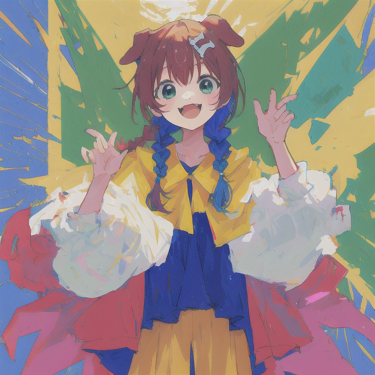 masterpiece, Best quality, absurdity,
Colonel, 1 girl, One, in room, :3, smile, dog girl, dog ears, double braids, sidelocks, hair ornament, open mouth,
(blue hair, green eyes), close-up, detailed face, detailed eyes, portrait