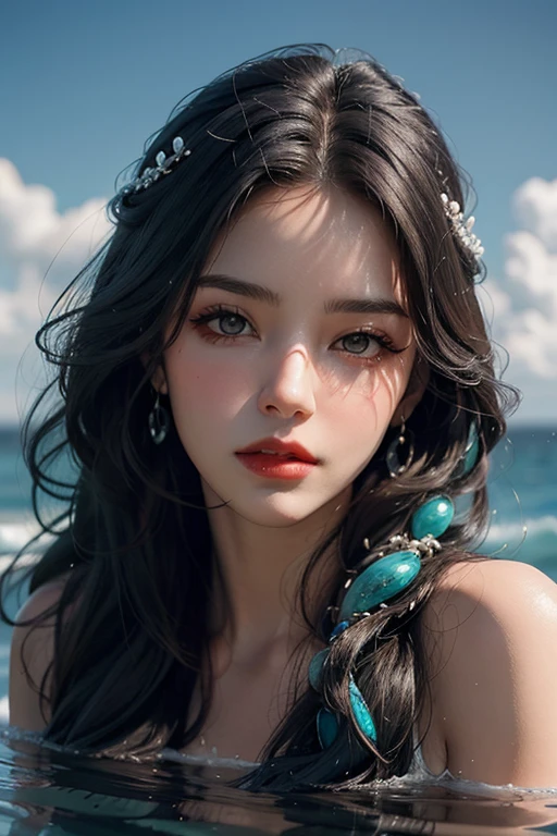 Uma mulher, with delicate and beautiful features, Red and full lips. Possui uma pele alva. Your hair is beautiful and wavy, loiros como a luz. como a espuma do mar. Ela possui olhos verde-mar, crystal clear like water.