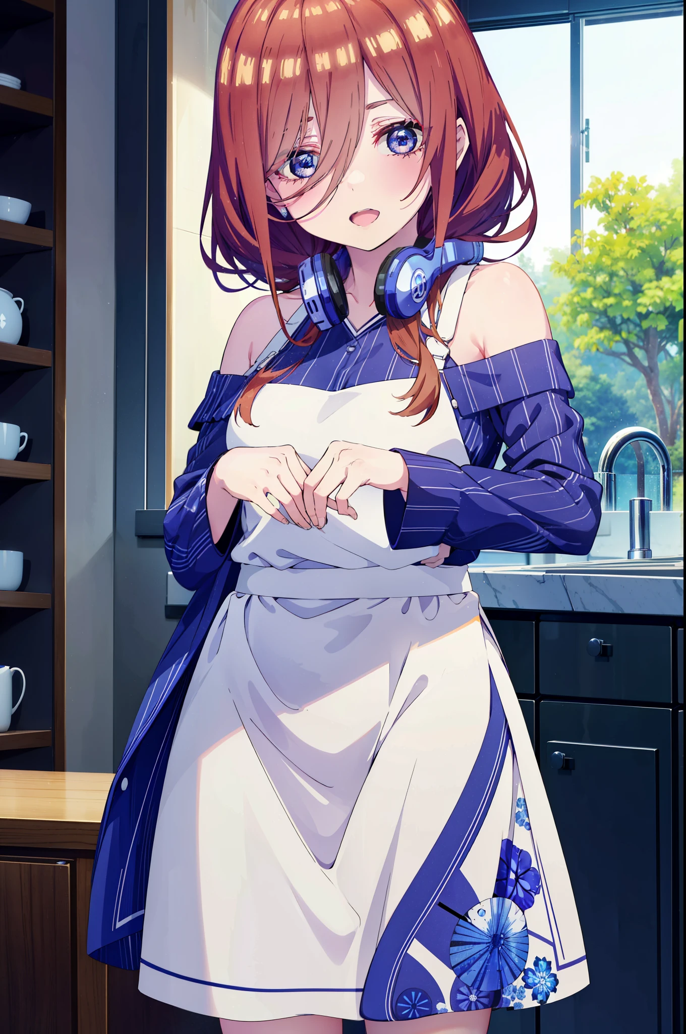Miku Nakano, Miku Nakano, long hair, bangs, blue eyes, brown hair, shirt, hair between eyes, happy smile, smile, open your mouth,headphones around neck,Blue off-shoulder dress,long skirt,cook in the kitchen、フライパンでエビを調理する
break indoors, kitchen,
break looking at viewer,whole body ,(cowboy shot:1.5),
break (masterpiece:1.2), highest quality, High resolution, unity 8k wallpaper, (figure:0.8), (detailed and beautiful eyes:1.6), highly detailed face, perfect lighting, Very detailed CG, (perfect hands, perfect anatomy),