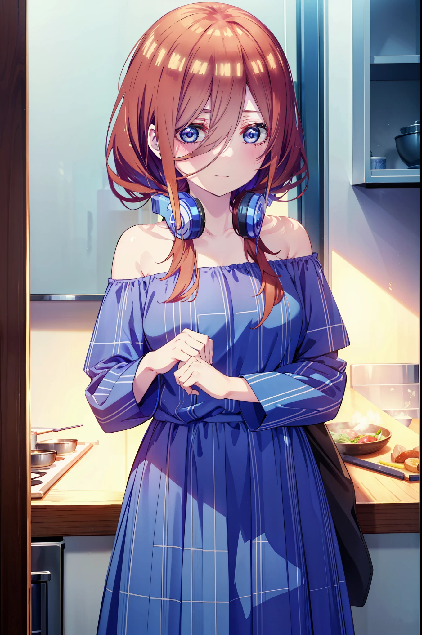 Miku Nakano, Miku Nakano, long hair, bangs, blue eyes, brown hair, shirt, hair between eyes, happy smile, smile, open your mouth,headphones around neck,Blue off-shoulder dress,long skirt,cook in the kitchen、フライパンでエビを調理する
break indoors, kitchen,
break looking at viewer,whole body ,(cowboy shot:1.5),
break (masterpiece:1.2), highest quality, High resolution, unity 8k wallpaper, (figure:0.8), (detailed and beautiful eyes:1.6), highly detailed face, perfect lighting, Very detailed CG, (perfect hands, perfect anatomy),