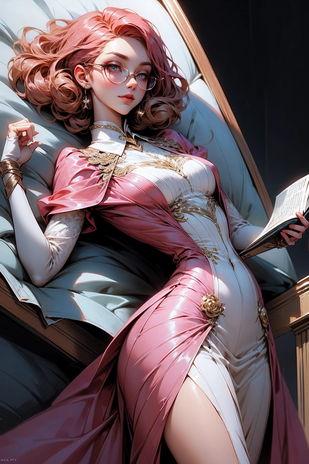 Anime girl tuxedo with curly rose gold hair and round gold glasses, rose gold eyes. Guviz style art, attractive detailed art style, Charlie Bowater Style, 1 7 - - old e anime girl, detailed manga style, detailed anime character art, germ of art. High detail, stunning manga art style. Rose dress. (pink dress) . Wearing rose gold Victorian clothing. Dancing, walking, drinking, reading, writing, lying, standing, on your back, dynamic poses, smile, closed mouth. Different Pose.